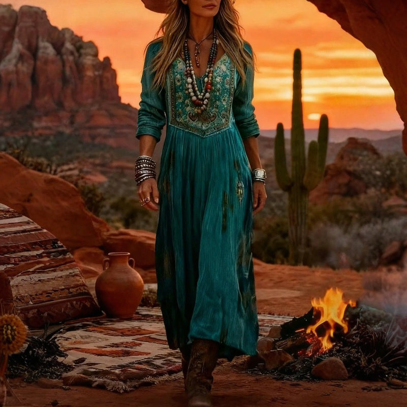 【Manga larga】Vestido vintage con estampado floral