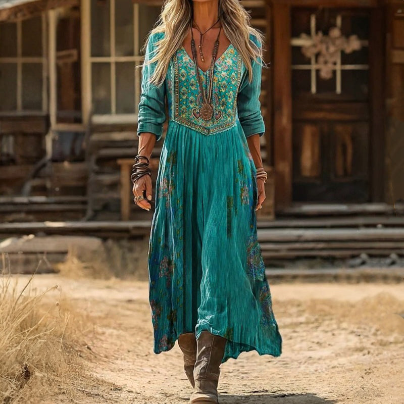 【Manga larga】Vestido vintage con estampado floral